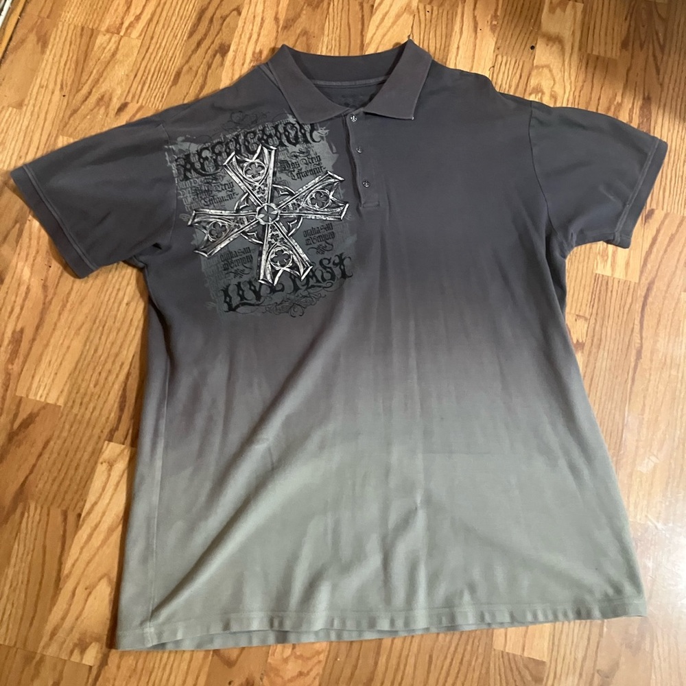 COPY - Affliction Live Fast Grey Polo Cross Print Y2K Grunge Vintage